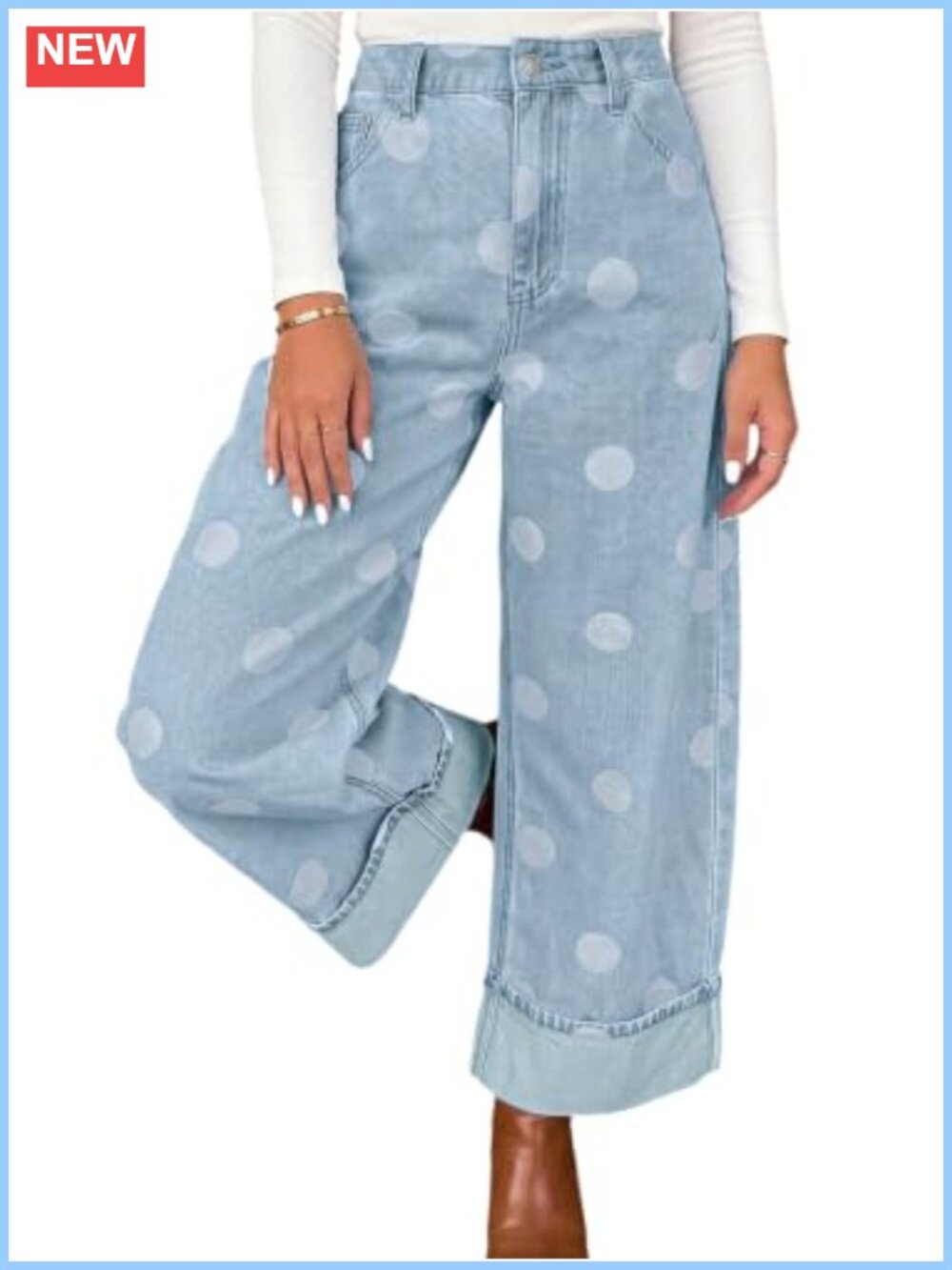High Rise Wide Leg Crop Jeans Cuffed Hem Denim Pants